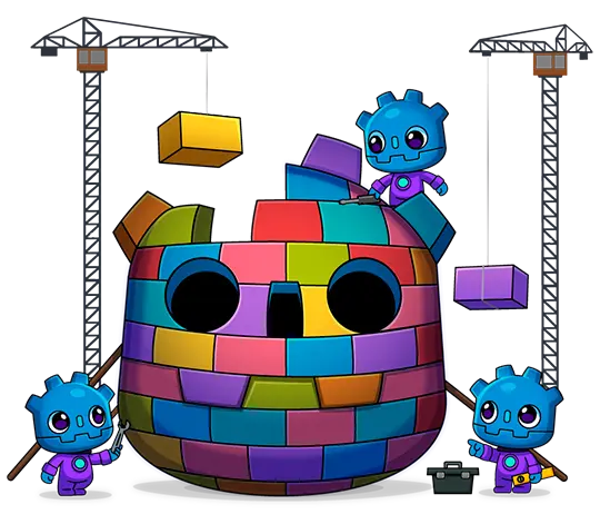 Three Godot-styled characters assembling a structure/sculpture in the shape of the Godot logo, built with colored blocks lifted by tower cranes