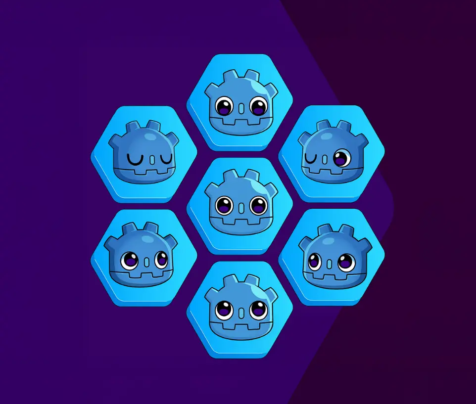 Seven Godot-styled character heads inside hexagonal frames, laid out in a beehive pattern, looking at each other