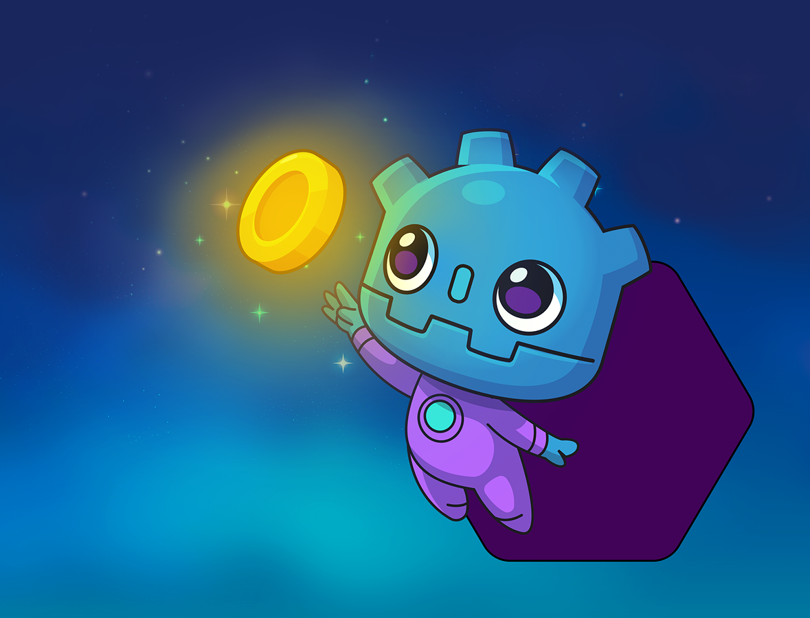 Godot-styled character reaching for a golden coin