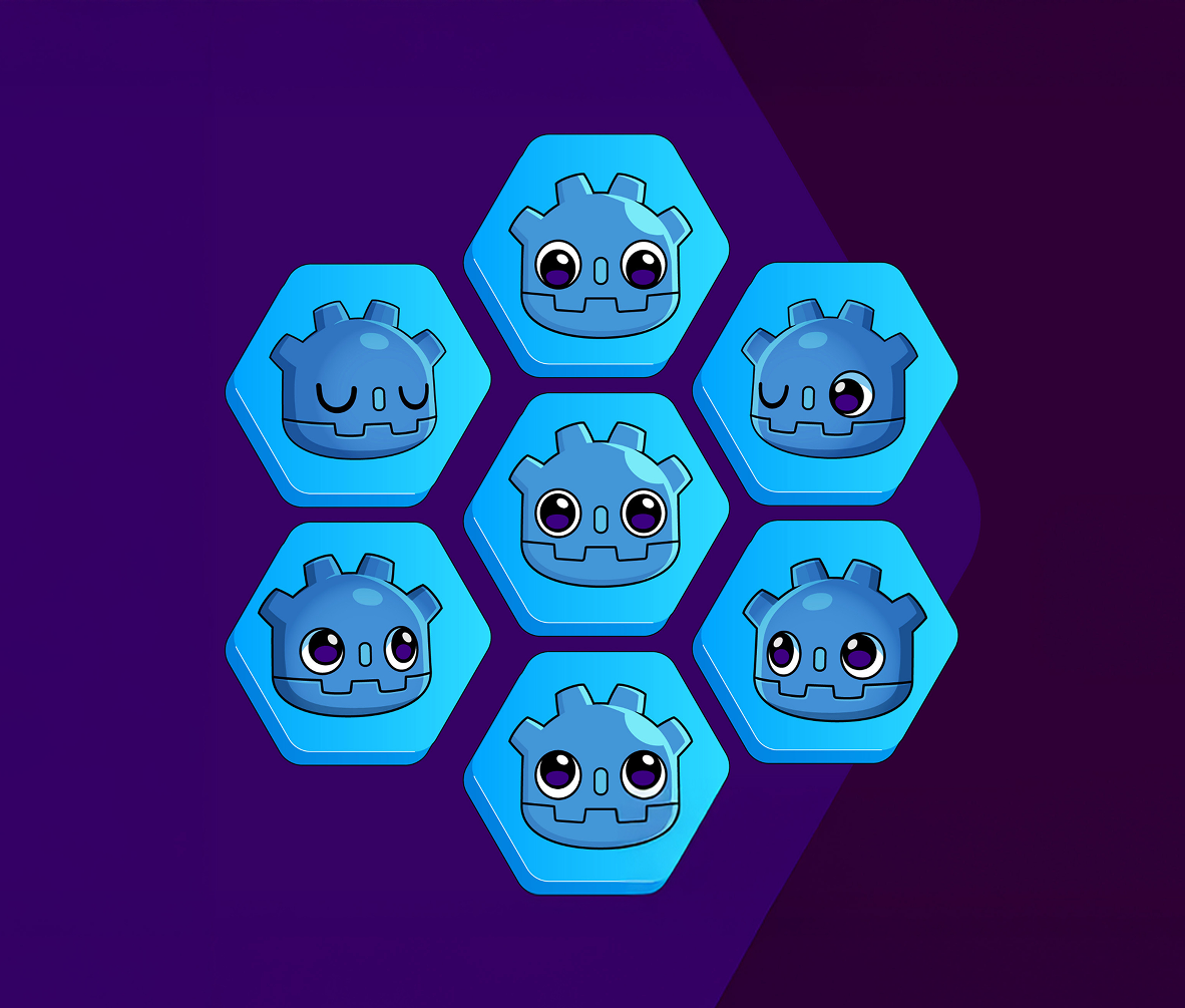 Seven Godot-styled character heads inside hexagonal frames, laid out in a beehive pattern, looking at each other