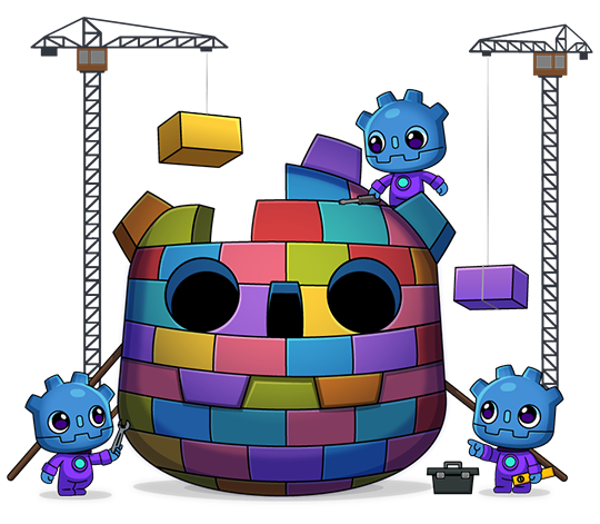 Three Godot-styled characters assembling a structure/sculpture in the shape of the Godot logo, built with colored blocks lifted by tower cranes