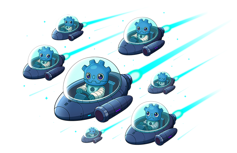 A fleet of cartoonish spaceships with a Godot-styled astronaut piloting each one