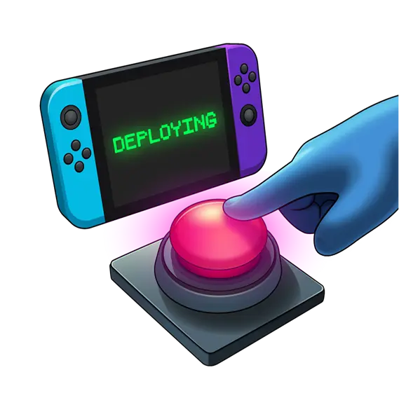 Blue hand pressing a big, red button. A console next to it displays the text "DEPLOYING"