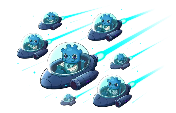 A fleet of cartoonish spaceships with a Godot-styled astronaut piloting each one